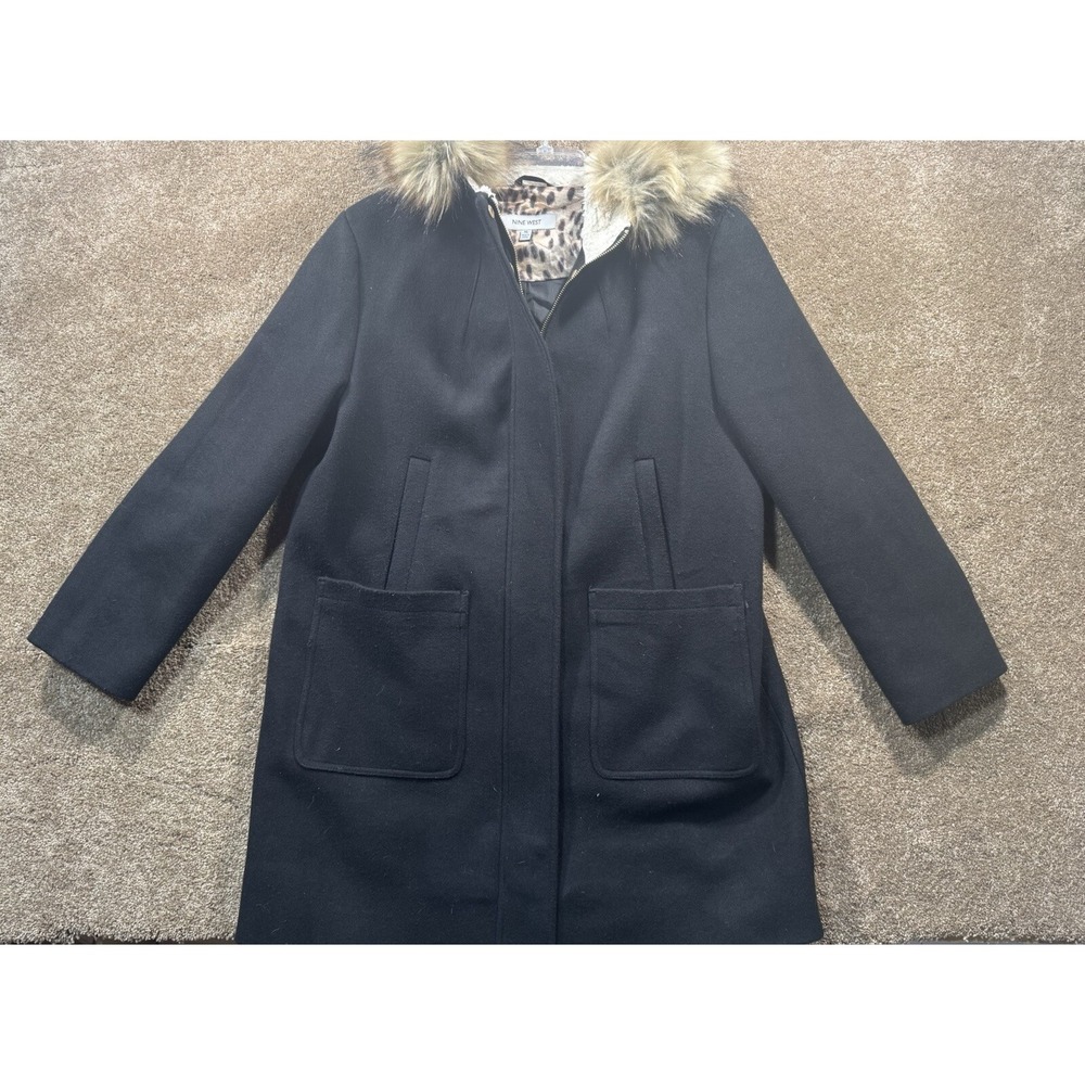 Nine West Women's Black Wool-Blend Coat XL - Faux Fur Lined Hood - Warm NICE!